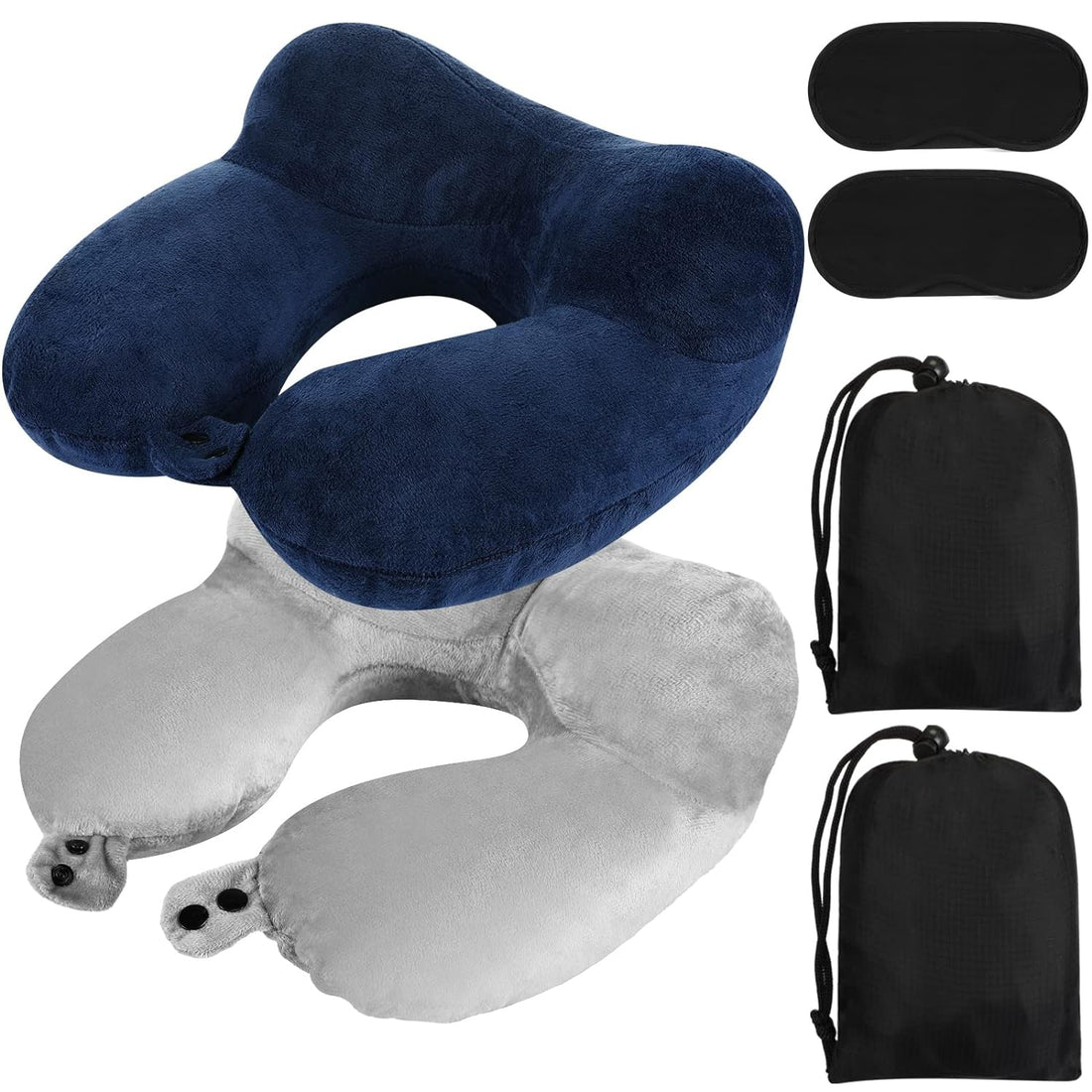 Sintuff 2 Pcs Inflatable Travel Pillow Self Inflatable Pillow with Compact Bag and Blindfold Soft Velvet Inflatable Neck Pillow for Traveling, Airplanes, Train, Car, Office, Gray and Blue