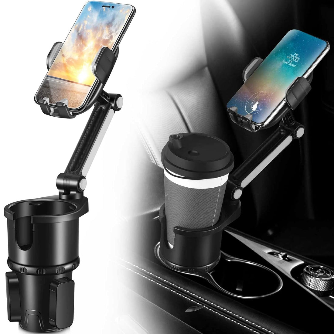 Car Cup Holder with Cellphone Mount Adjustable Cup Holder Expander 2 in 1 Multifunctional Car Cup Holder Organizer Universal 360 Degree Rotation Base Automotive Cup Holders (7.9 x 5.4 x 3.4 Inches)