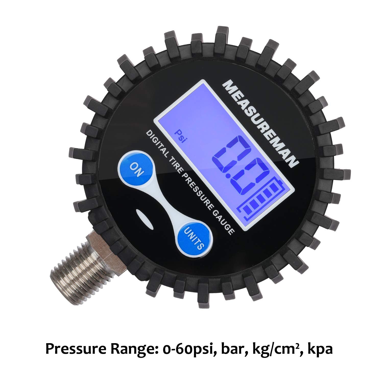 Measureman 2-1/2" Dial Size Digital Air Pressure Gauge with 1/4'' NPT Bottom Connector and Protective Boot, 0-60psi, Accuracy 1%, Battery Powered, with LED Light