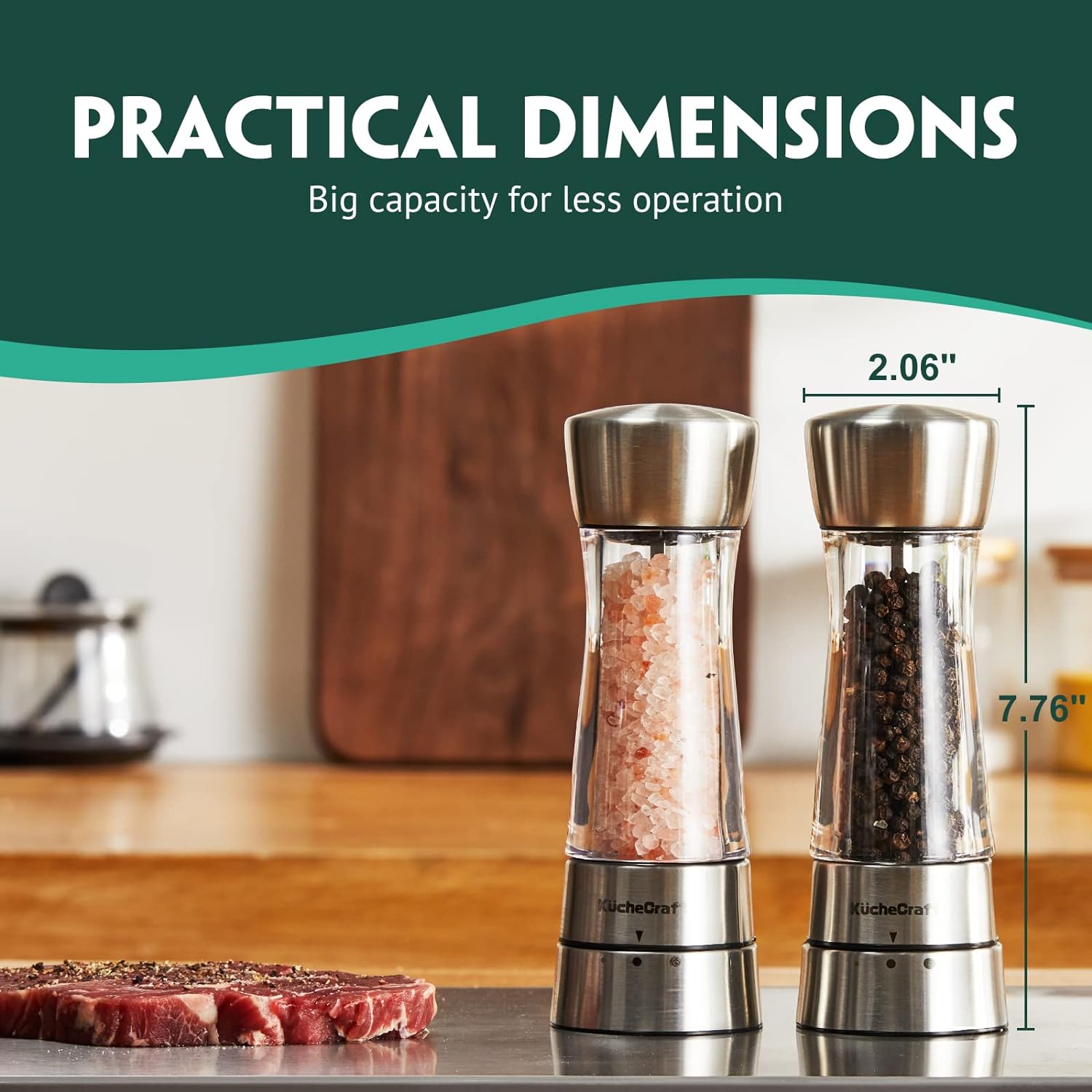 KucheCraft Salt and Pepper Grinder Set - Easy Grip Pepper Mill Grinder and Salt Grinder Refillable - Stainless Steel Peppercorn Grinder with Upgraded Grinding Precision