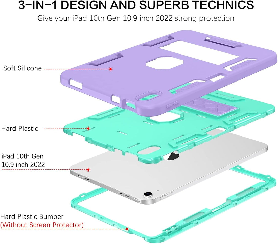 BENTOBEN iPad 10th Generation Case,10.9 inch 2022 iPad Case, iPad 10 Case, Slim Fit Kickstand Shockproof Rugged Protection Soft Silicone Bumper Drop Protective Girls Women Boys Kids Cover, Purple/Mint