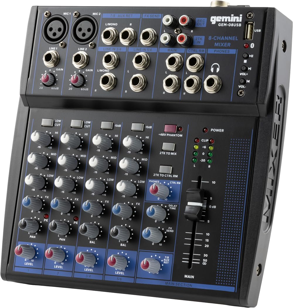 Gemini GEM-08USB Compact 8 Channel Bluetooth Mixer - USB Playback (Black)