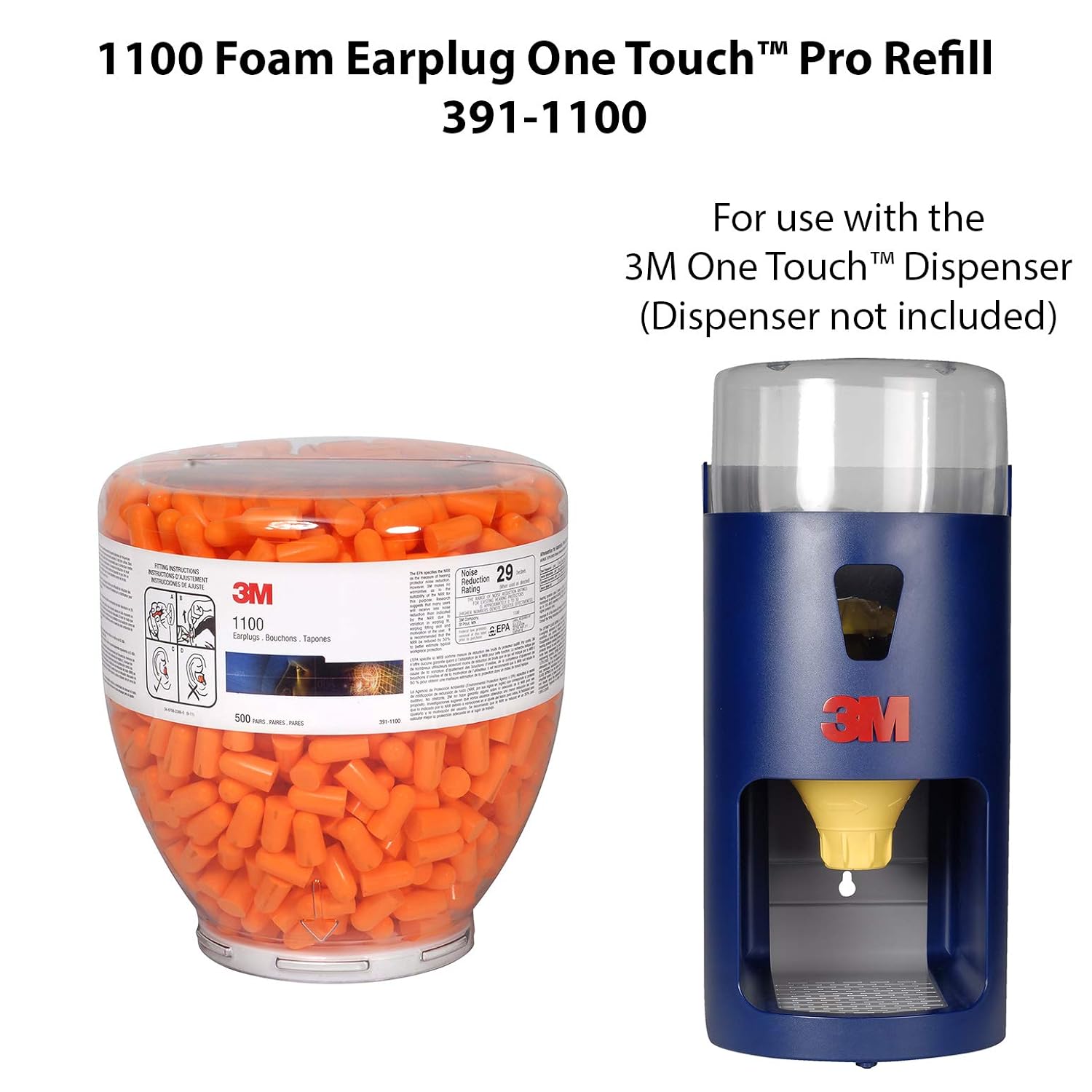 3M One Touch 1100 Earplugs Refill 391-1100 (Pack of 500)