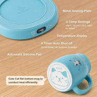 Bsigo Coffee Mug Warmer & Cute Cat Mug Set, Candle Mug Warmer for Home & Office, Electric Smart Coffee Warmer for Desk, Beverage Tea Coffee Cup Warmer with 3-Temp Settings, 8H Auto Shut Off, Blue