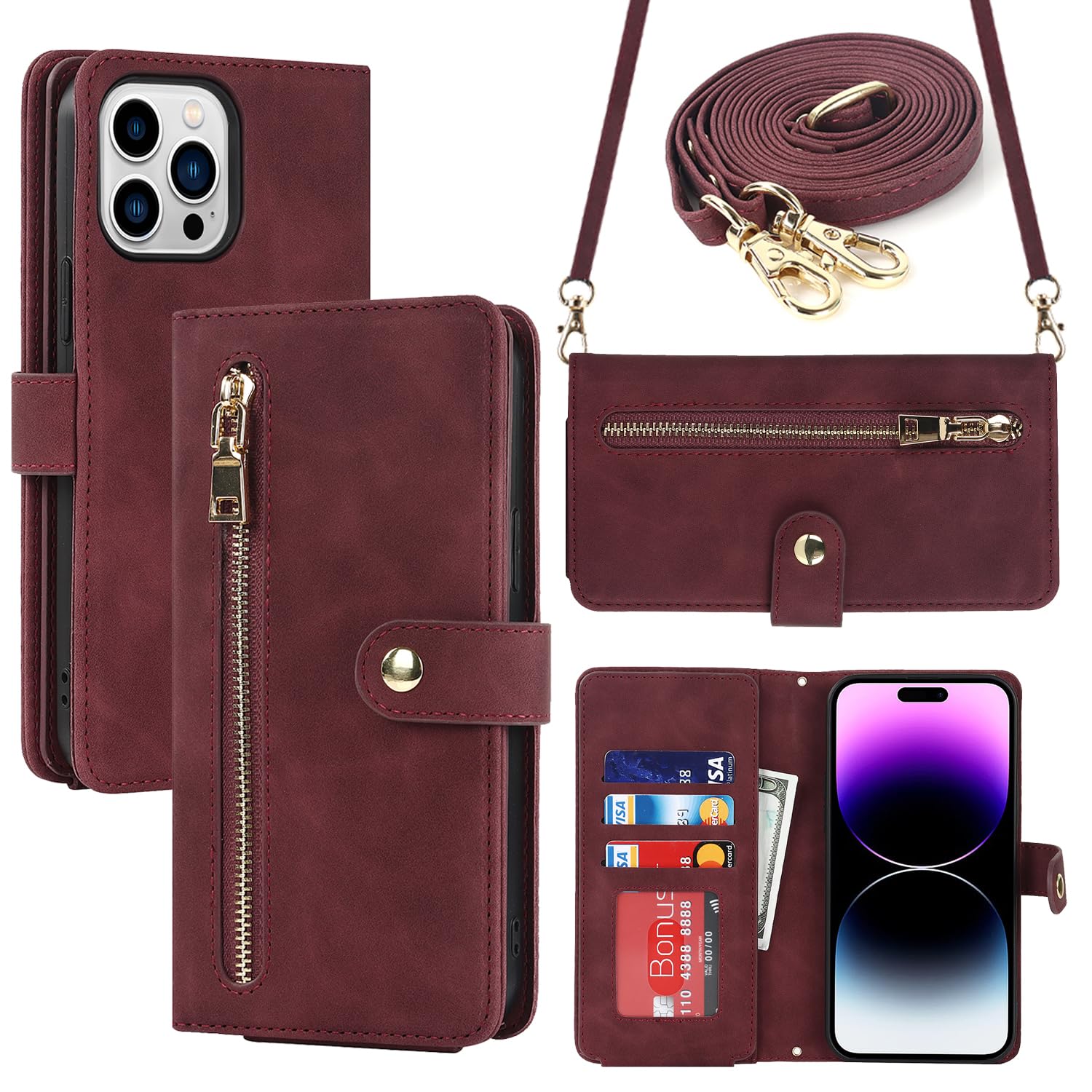 Ｈａｖａｙａ Crossbody Phone case for iPhone 15 pro max case with Strap for Women iPhone 15 pro max Wallet case with Card Holder Flip Leather Zipper Wallet Cover with Credit Card Slot-Red Wine