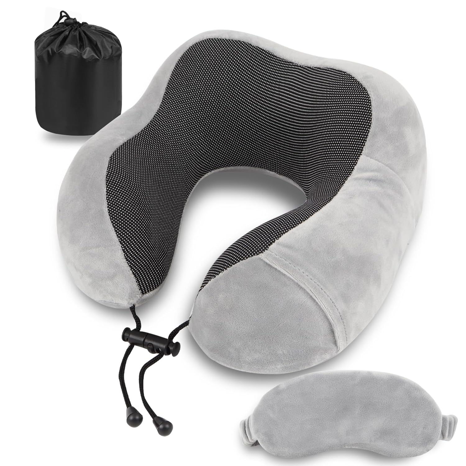 Pure Memory Foam Travel Pillow Set for Adults - Comfortable & Breathable Removable Cover, Airplane Travel Kit with Eye Mask & Portable Storage Bags for Plane Accessories - Grey