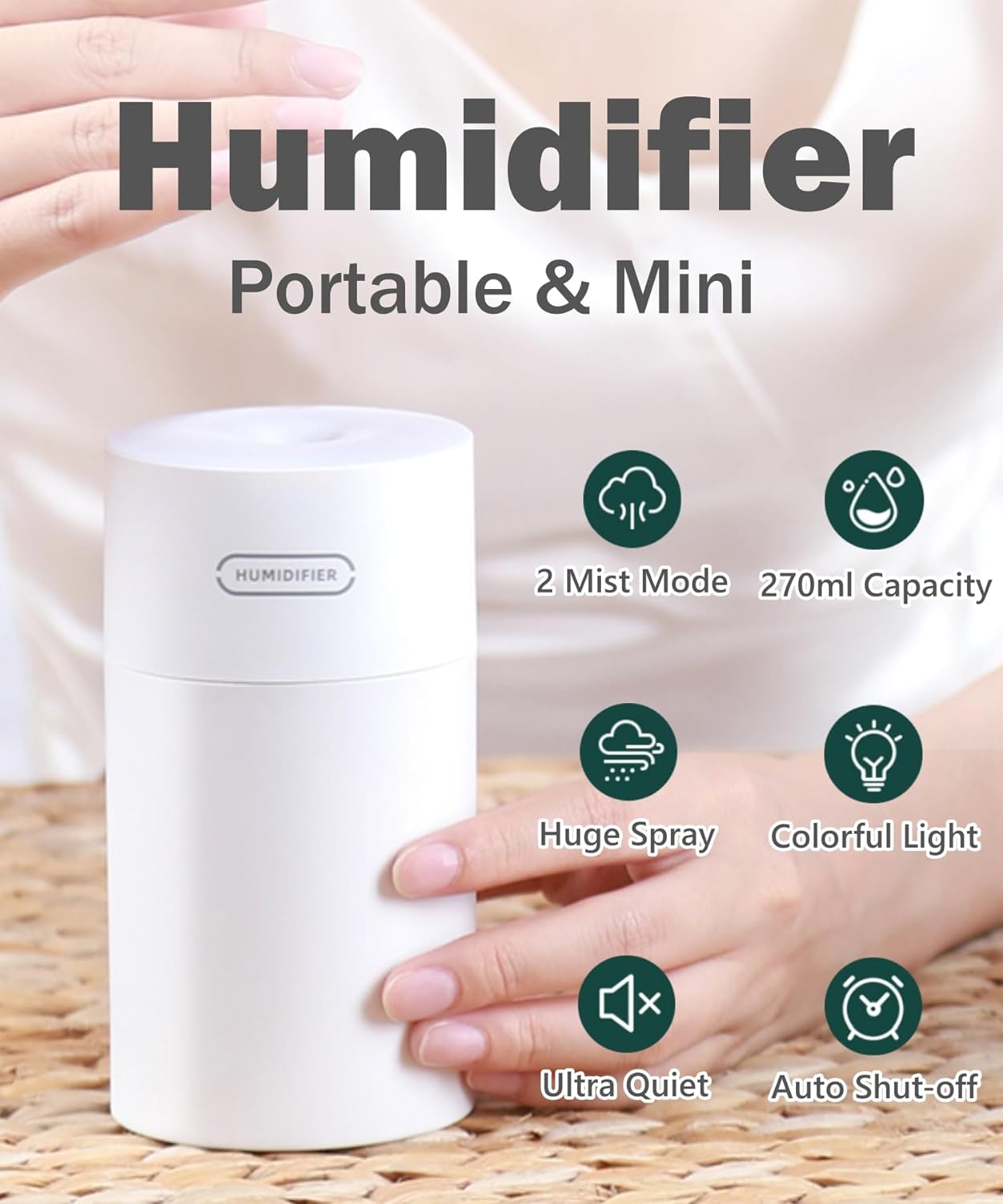 Mini Humidifier, Small Personal Cool Mist Humidifiers with Colorful Light, USB Powered, 2 Spray Modes, Auto Shut-Off, Ultra-Quiet Portable Air Humidifier for Women Kids Bedroom Office Desk (Grey)