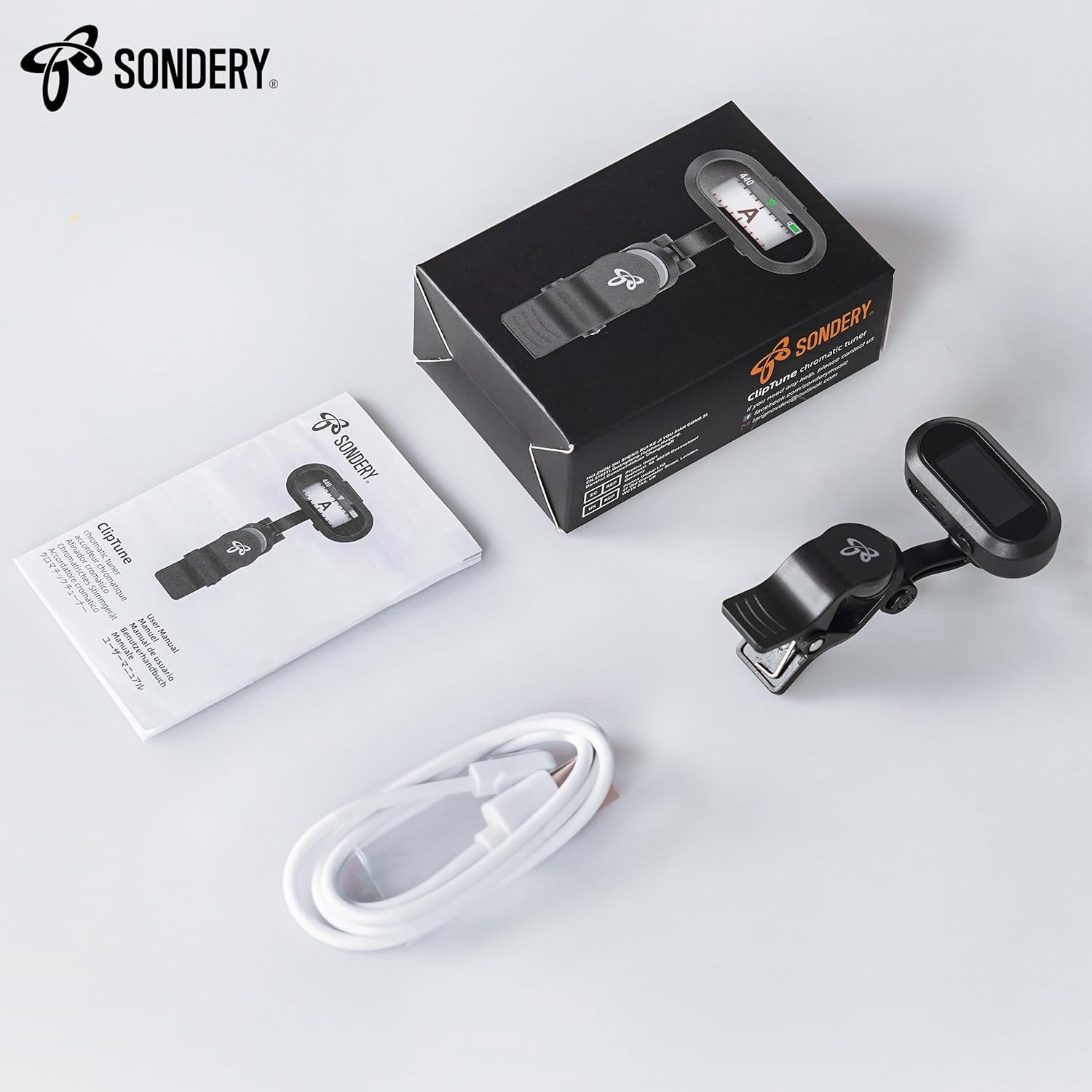 Sondery Clip On Tuner Rechargeable TFT Screen for Guitar Bass Ukulele and Wind Instruments, Headstock Chromatic Tuner Pitch 410-460Hz, Easy to Read in Strong Light, Dual-Rotating Hinges