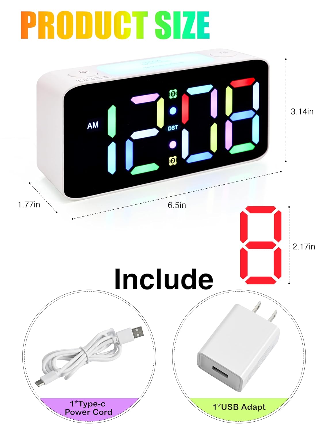 AYRELY Digital Alarm Clock for Bedroom - Dual Loud Alarms, Large Night Light with 7 Colors,Adjustable Volume,Dimmer,Desk Clock with USB Charger, Ok to Wake Up for Kids,Teens