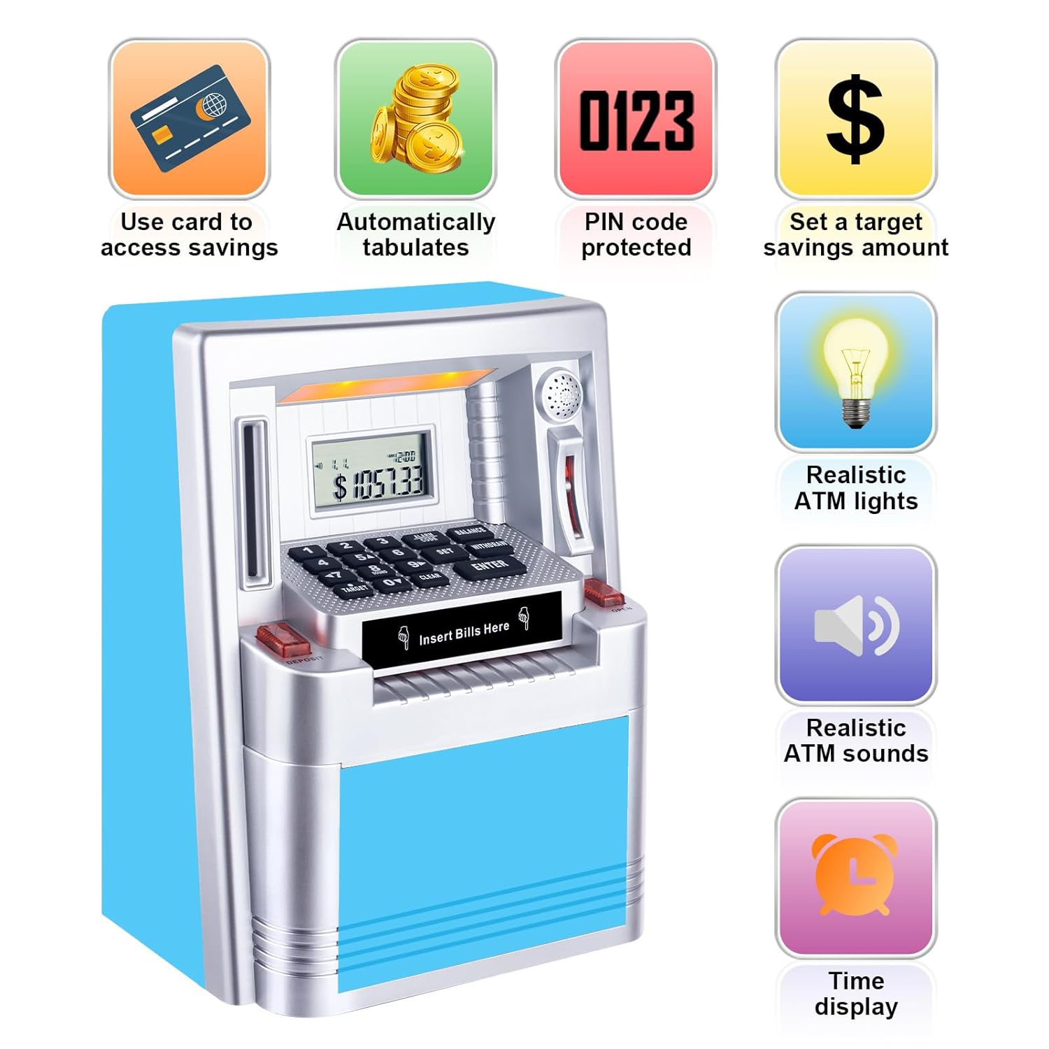 Qiekaka ATM Piggy Bank for Real Money for Kids,Mini ATM Machine,Coin Cash ATM Bank Electronic with Debit Card for Boys Girls-Hot Gift