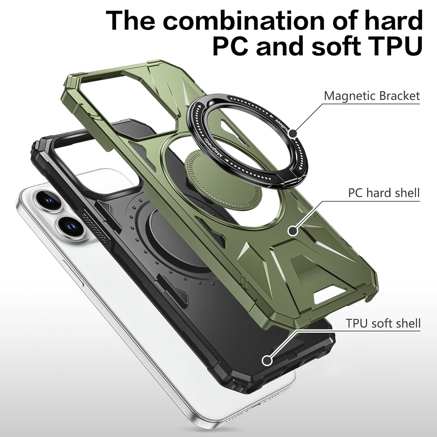 JUNAUTTB for iPhone 15 Pro Max Case with Magnetic Stand,Compatible with MagSafe,with Ring Holder,Lens Protecto,Full Body Rugged Bumper Shockproof Protection Phone Case,6.7inch Green JUS08-12