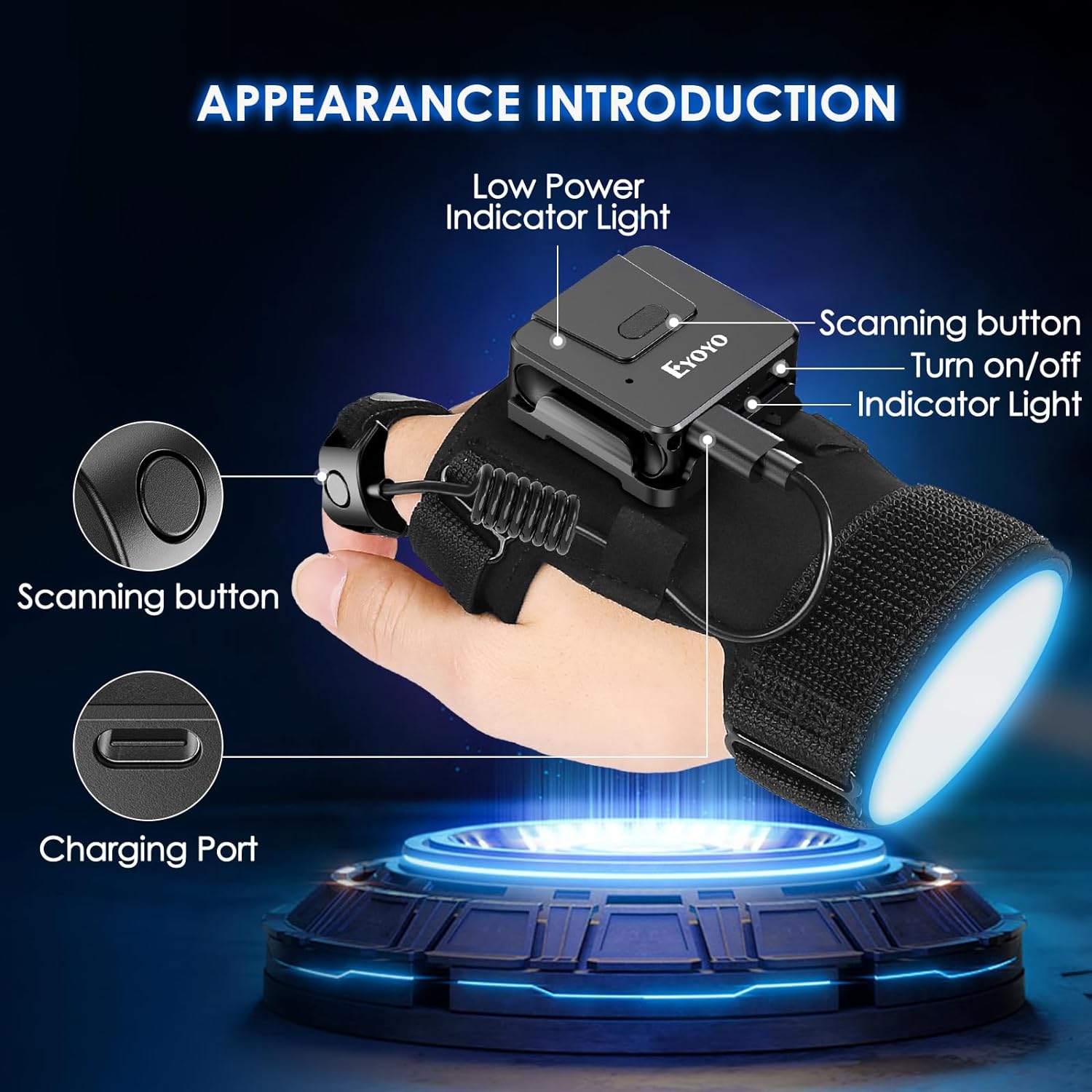 Eyoyo 1D 2D Wearable Glove QR Code Scanner, Finger Ring Bluetooth Barcode Scanner, Left&Right Hand Wearable, Portable Wireless Book Inventory Bar Code Reader Compatible with iPhone iPad Android