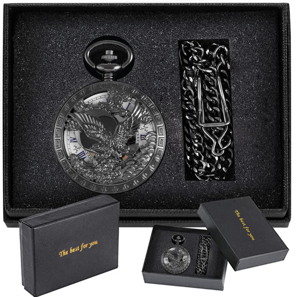 Alwesam Steampunk Vintage Engraved Eagle Design Pocket Watch Mechanical Wind-Hand with Chain & Box Gifts, black white-22
