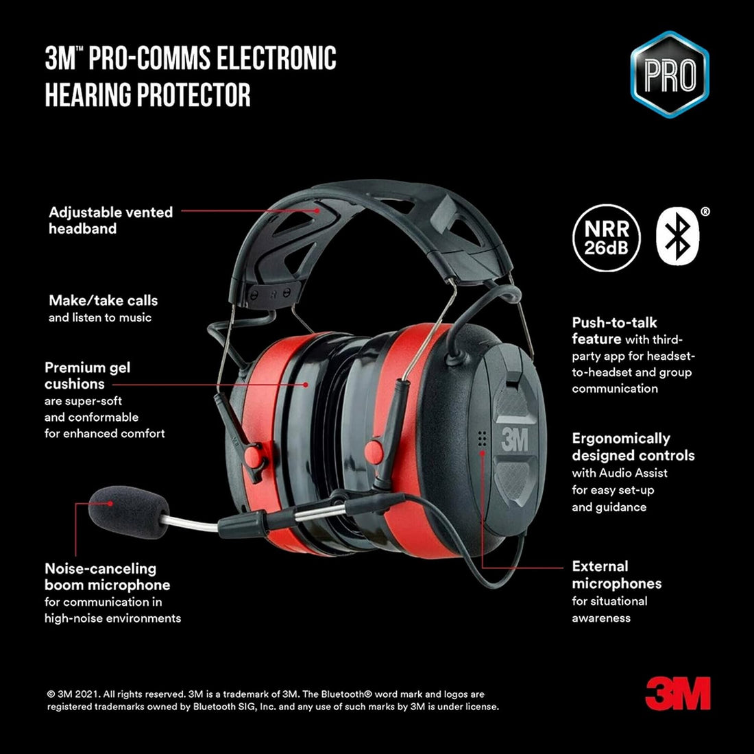 3M Pro-Comms Electronic Hearing Protection with Bluetooth Wireless Technology and External Microphones, NRR 26 dB