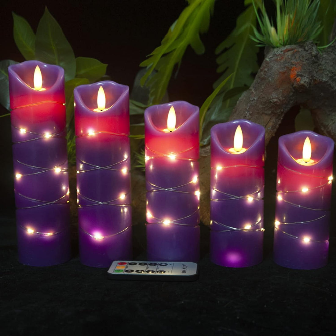 DANIP Purple Flameless Candle, Built-in Star String, 5 LED Candles, 11 Button Remote Control, 24 Hours Timer (Purple)