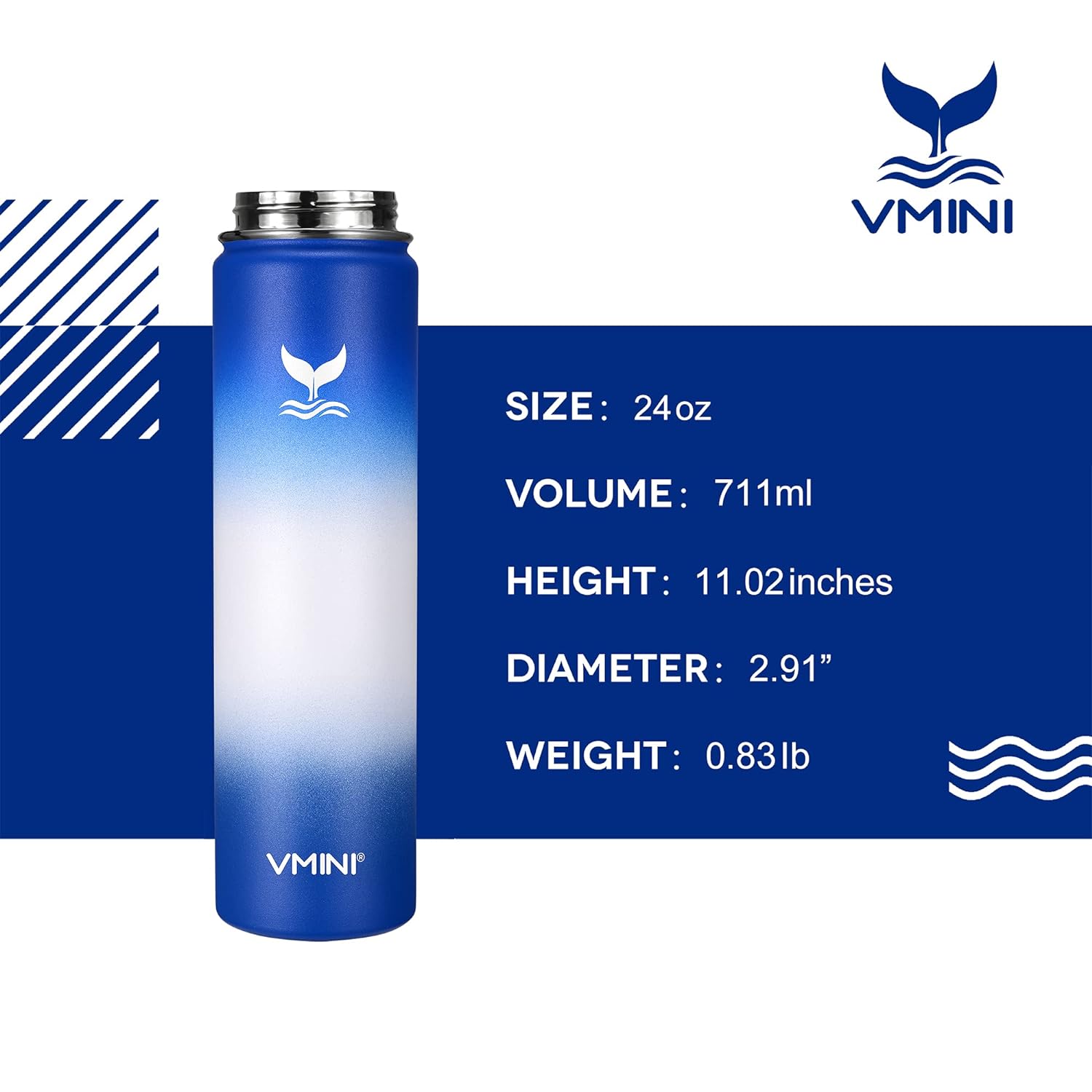 Vmini Water Bottle with Straw, Wide Rotating Handle Straw Lid, Wide Mouth Vacuum Insulated Stainless Steel Water Bottle, Gradient Blue+White+Blue, 24 oz