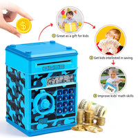 ATM Piggy Bank for Boys Girls, Vcertcpl Mini ATM Coin Bank Money Saving Box with Password, Kids Safe Money Jar for Adults with Auto Grab Bill Slot, Great Gift Toy Bank for Kids (Camouflage Blue)