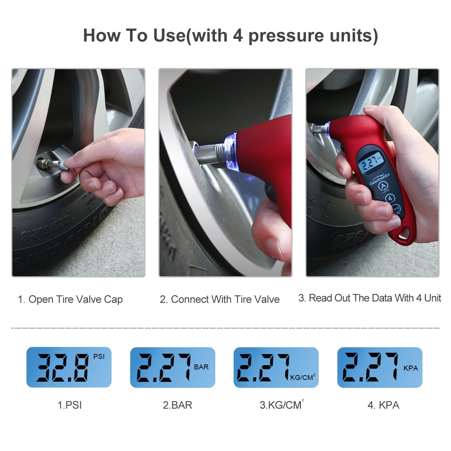 Geartronics Digital Tire Pressure Gauge 150 PSI 4 Settings with Backlight LCD Tire Gauge for Vehicle Motorcycle Bike