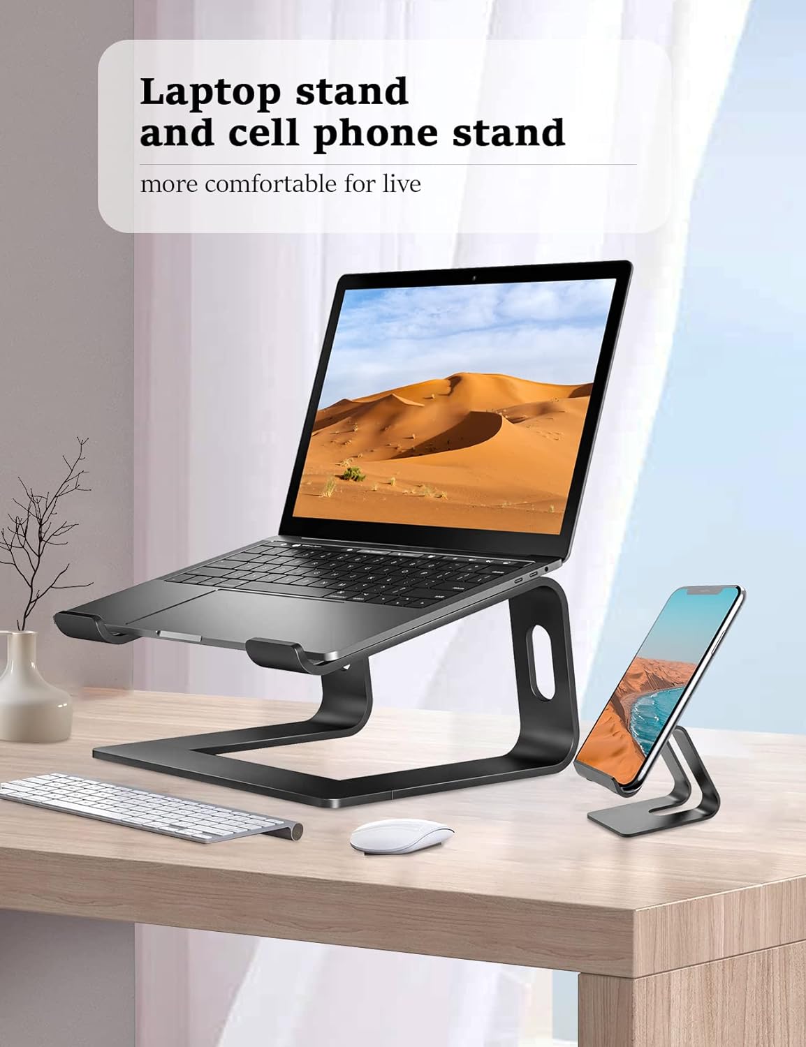 VOCOFO Laptop Stand for Desk Aluminum Laptop Riser Holder,with Cell Phone Stand(Black)