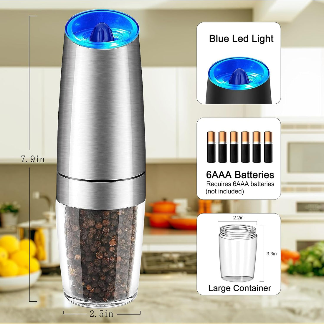 Enutogo Gravity Electric Pepper and Salt Grinder Set, Automatic Pepper Mill with Adjustable Coarseness, Battery Powered with LED Light, One Hand Operation, Stainless Steel, 2 Pack (Silver)