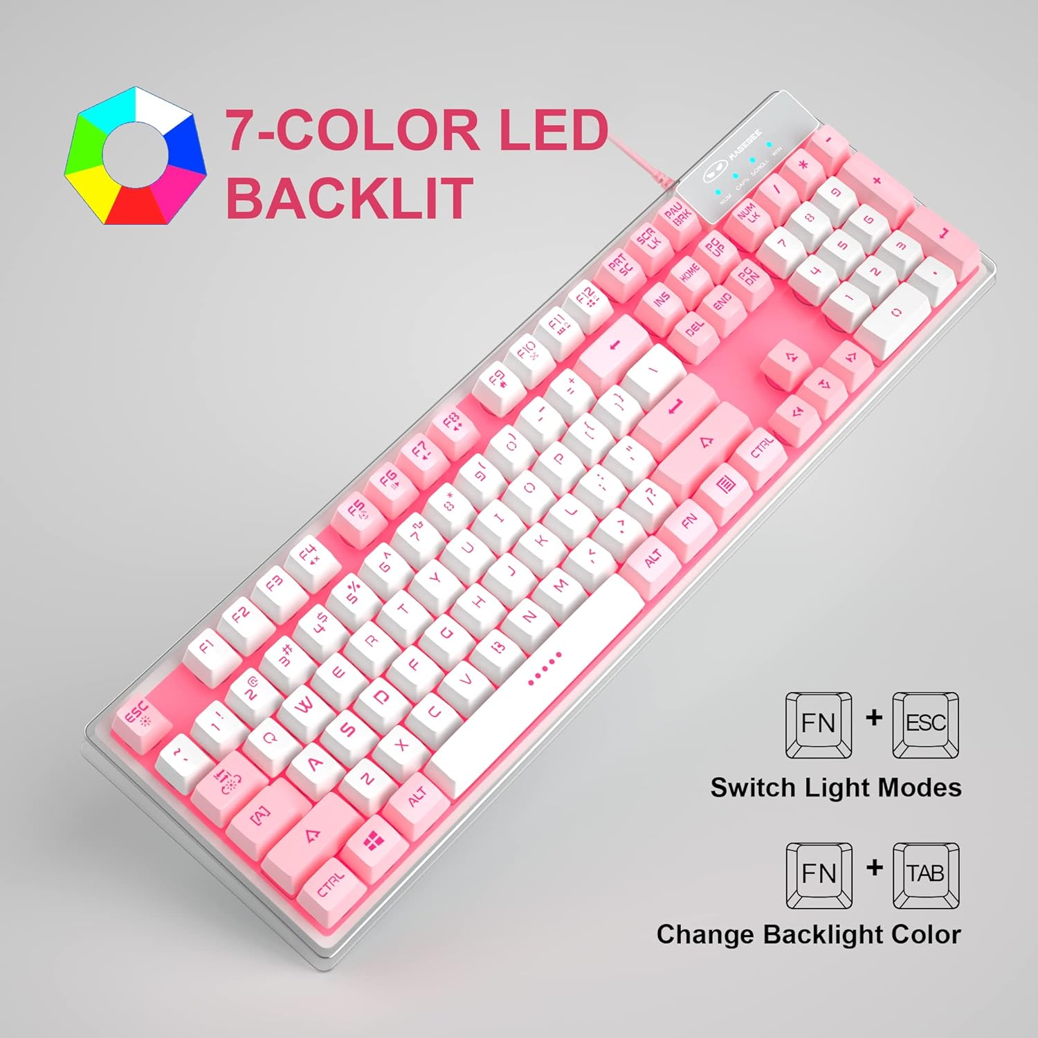 Gaming Keyboard, 7 Colors Backlit Wired Gaming Keyboard with Clear Housing and Double-Shot Keycaps, MageGee K1 Waterproof Ergonomic 104 Keys Light Up Keyboard for PC Desktop Laptop, Pink & White