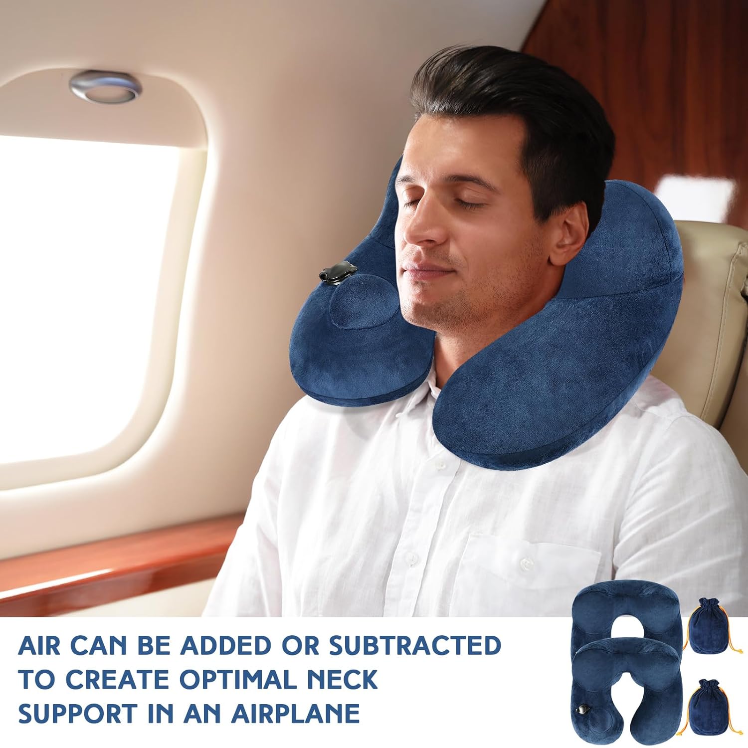Xtinmee 2Pcs Self-Inflatable Pillow Inflatable Travel Pillow with Compact Bag Soft Airplane Pillow for Long Flight Neck Cushion for Head Support Car Home Office 12.2x11.81x5.91in (Navy Blue)