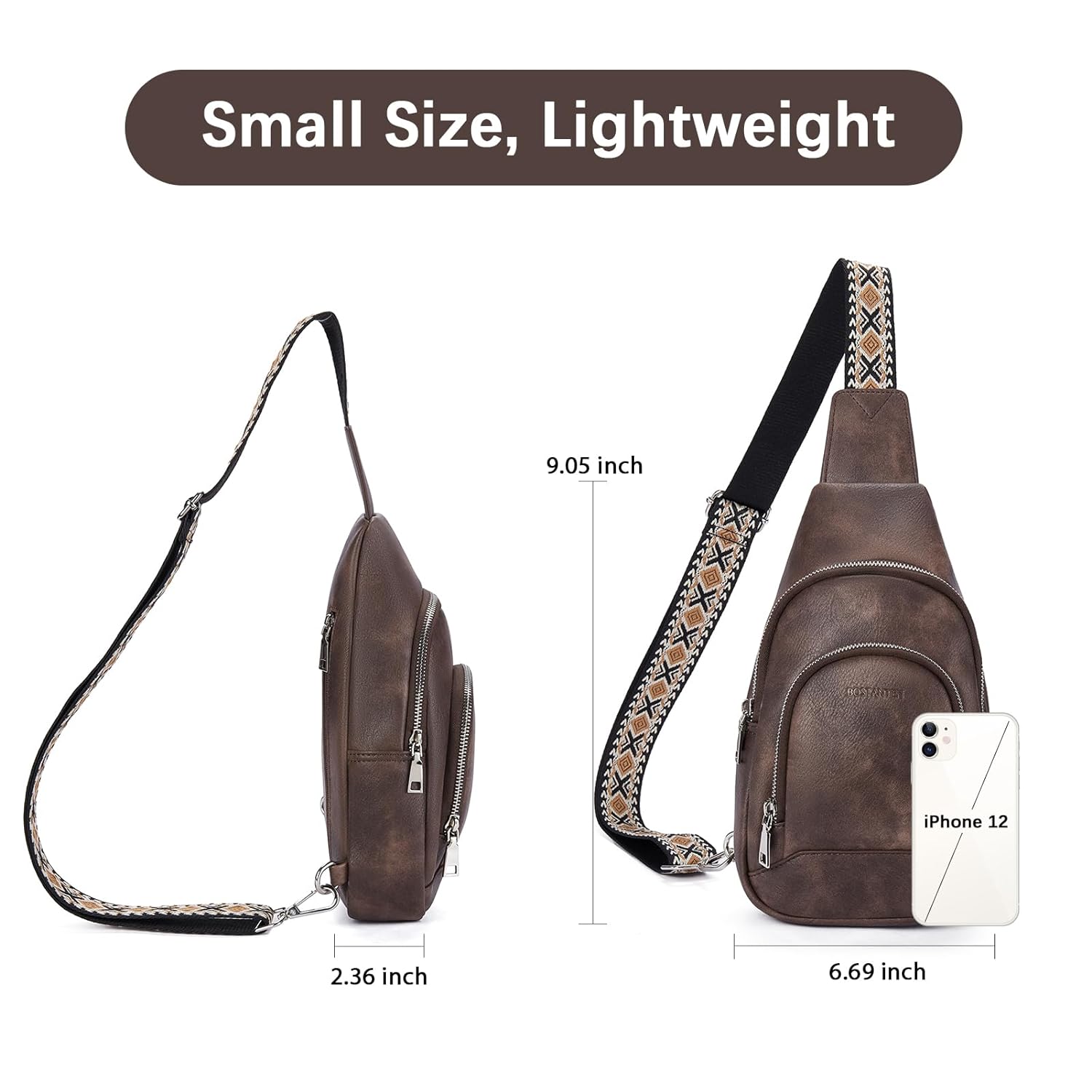 BOSTANTEN Sling Bag for Women Crossbody Purse Crossbody Bag Leather Chest Bag with Adjustable Guitar Strap for Travel, Coffee Brown, Fashion