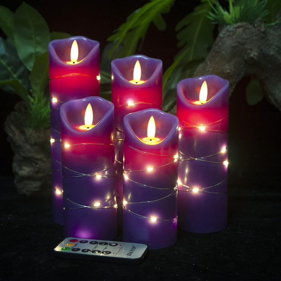 DANIP Purple Flameless Candle, Built-in Star String, 5 LED Candles, 11 Button Remote Control, 24 Hours Timer (Purple)