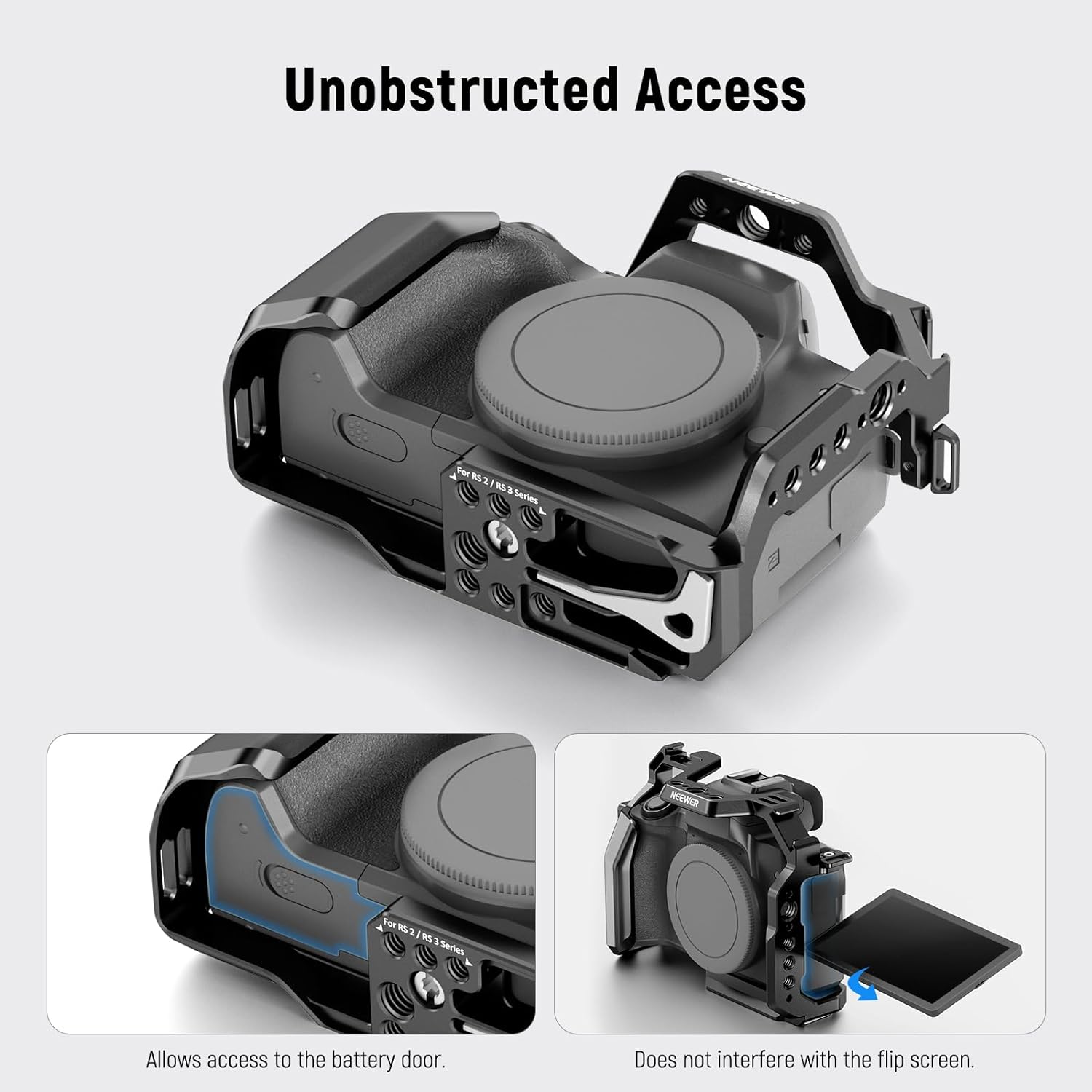 NEEWER M50/M50 II Cage Compatible with Canon M50 M50 Mark II, Aluminum Video Rig with HDMI Cable Clamp, NATO Rail, 1/4", 3/8" ARRI Locating Holes, Arca Base Compatible with DJI RS2 RS3 Gimbal, CA019