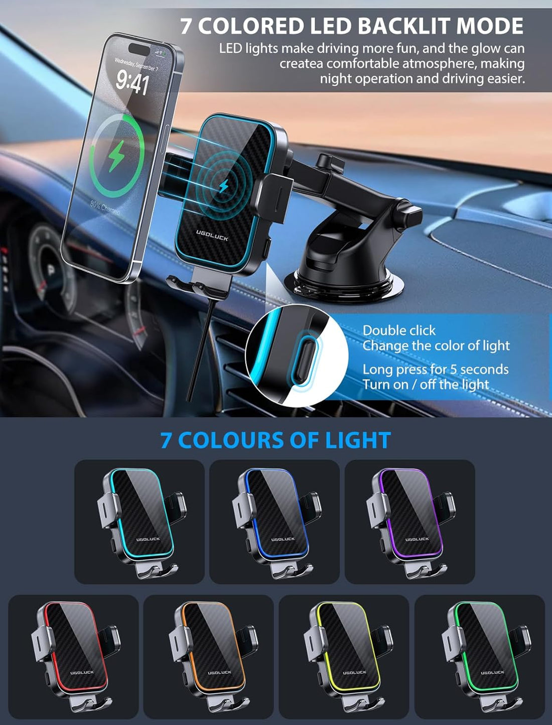 UGDLUCK Wireless Car Charger, [7 Colored RGB Backlit] 15W Fast Charging Auto-Clamping Car Charger Car Phone Mount Holder fit Dash Windshield Air Vent for iPhone 15/14/13/12, Samsung S23/S22/S21,etc