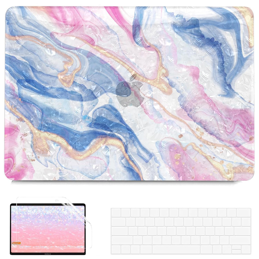 G JGOO Compatible with MacBook Air 13 inch Case 2022 2021 2020 2019 2018 Release M1 A2337 A2179 A1932 Touch ID, Glitter Pearl Hard Shell Case + 2 Keyboard Covers + Screen Protector, Colorful Marble