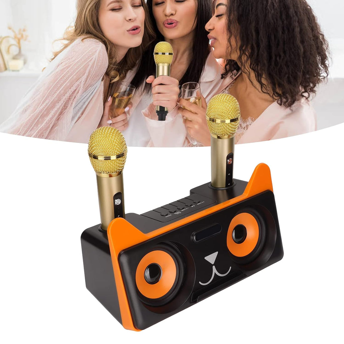 Karaoke Machine, Bluetooth Karaoke Speaker Portable HiFi Desktop Speaker with 2 Wireless Microphones, Cute Cat Portable Karaoke Machine for Kids Family KTV (Black LR063682)