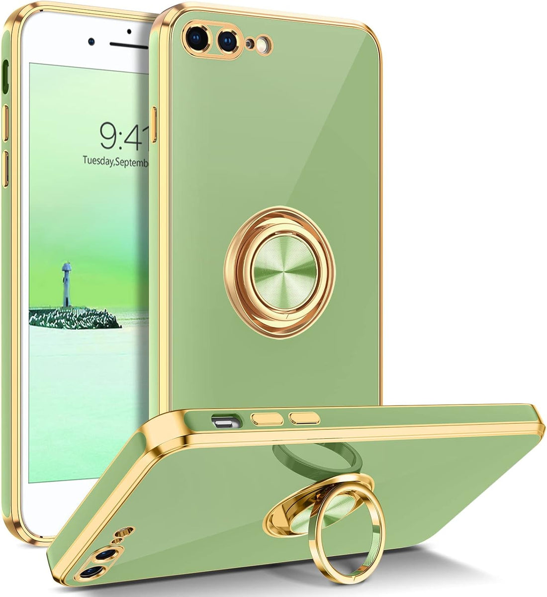 BENTOBEN iPhone 8 Plus Case, iPhone 7 Plus Case, Slim Fit Ring Holder Stand Magnetic Car Mount Supported Shockproof Protective Women Girls Men Boys Cover for iPhone 8 Plus/7 Plus 5.5", Matcha Green