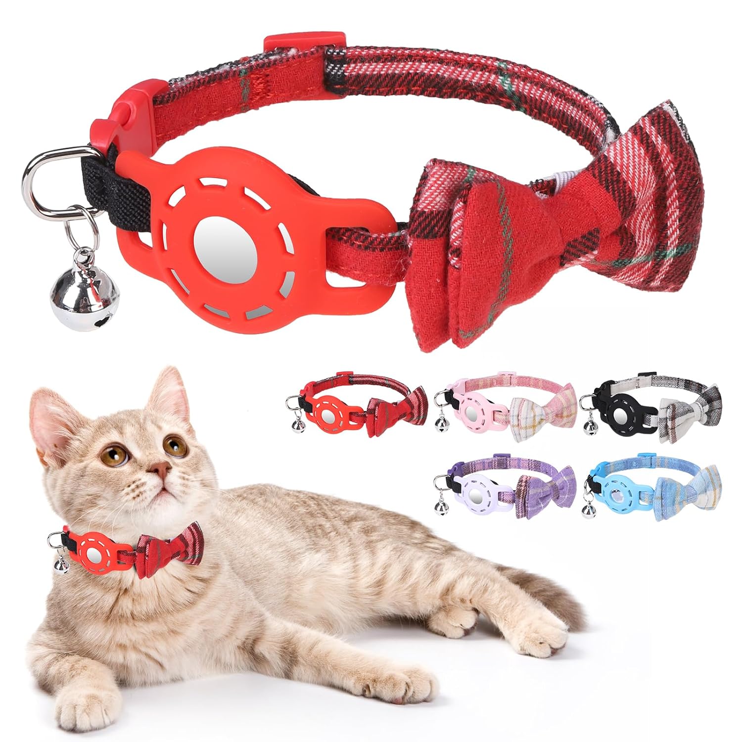 DILLYBUD Airtag Cat Collar with Bells and Bowtie - Cute Safety Elastic Band Adjustable Pet Collars with Waterproof Airtag Holder -GPS Tracker Cat Collars for Girl Boy Cats, Kitten and Puppies