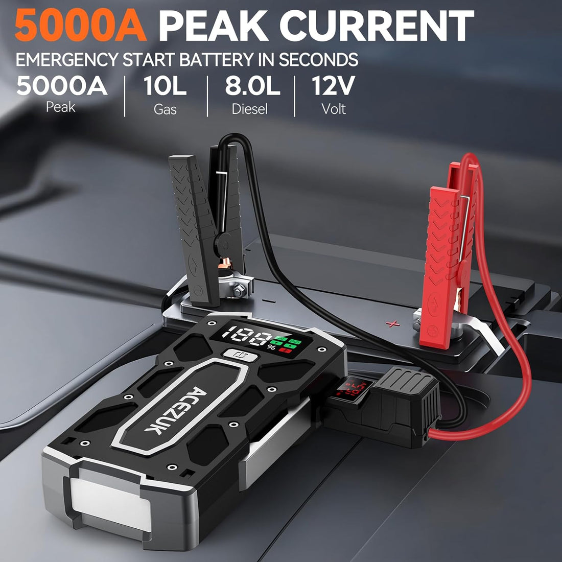 ACEZUK Car Battery Jump Starter 5000A Jump Box (10.0L Gas/8.0L Diesel), Portable Car Starter Battery Pack with Extended Smart Jumper Cables, Quick Charge, Large Display, Lights