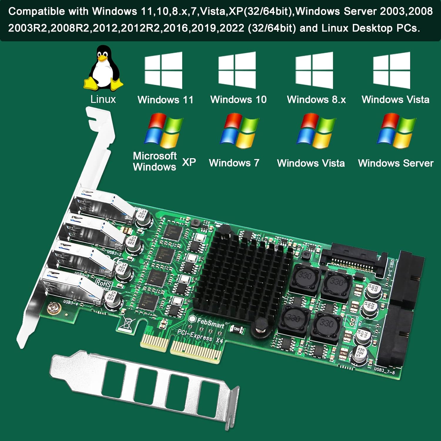 FebSmart 4 Channel 8 Ports PCI Express Superspeed USB 3.0 Card,4 Dedicated 5Gbps Channels 20Gbps Total Banwidth,Build in Self-Powered Technology,No Need Additional Power Supply (FS-4C-U8S-Pro)