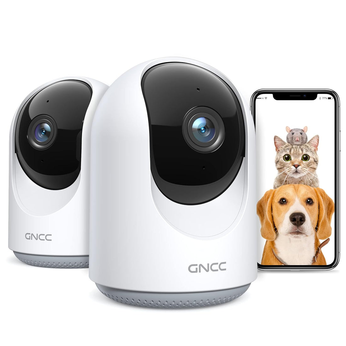 GNCC Pet Camera with Phone APP, Indoor Camera for Baby/Pet/Security(2 Pack), Wi-Fi Camera with Motion/Sound Detection, SD&Cloud Storage, 2-Way Audio, Horizontal Remote, Manual Up and Down (P1-2)