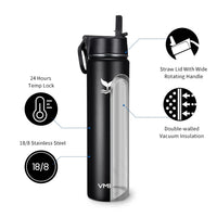Vmini Water Bottle with Straw, Wide Rotating Handle Straw Lid, Wide Mouth Vacuum Insulated Stainless Steel Water Bottle, Black, 24 oz