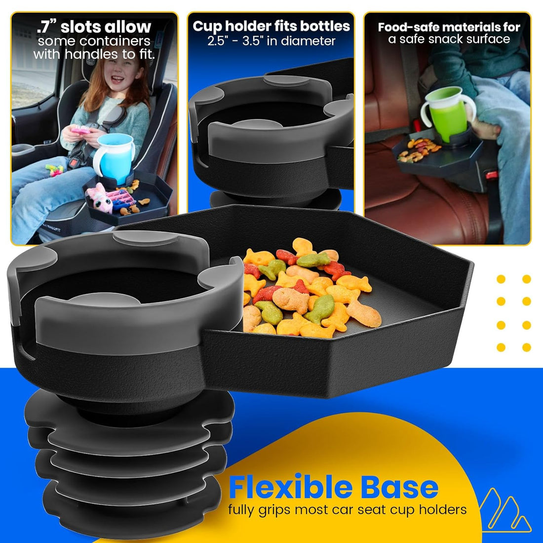 Kids Travel Tray – Large Base - Car Seat and Car Cup Holder Tray - Tray for Snacks, Entertainment, Toys – Includes Cup Holder – Fits Most Car Seats