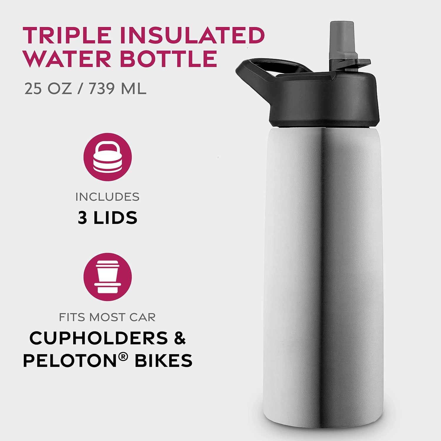 FineDine Triple Insulated Stainless Steel Water Bottle with Straw Lid - Flip Top Lid - Wide Mouth Cap Insulated Water Bottles, Keeps Hot and Cold 750ml Brushed Stainless Steel