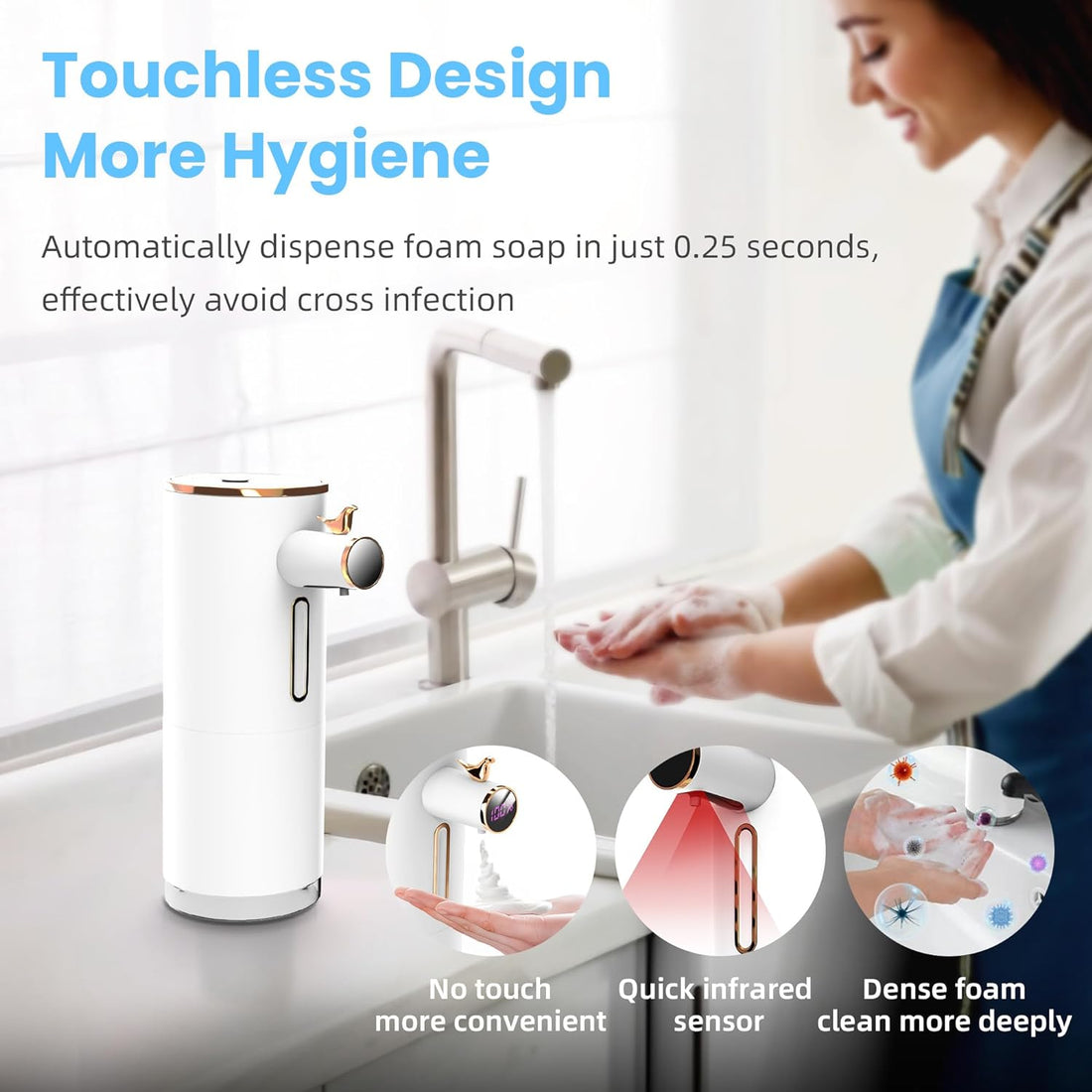 FLOCNOKY Automatic Soap Dispenser, Foaming Soap Dispenser Touchless, 3 Levels Adjustable Soap Volume, USB Rechargeable Hands Free Smart Foam Soap Dispenser for Bathroom Kitchen