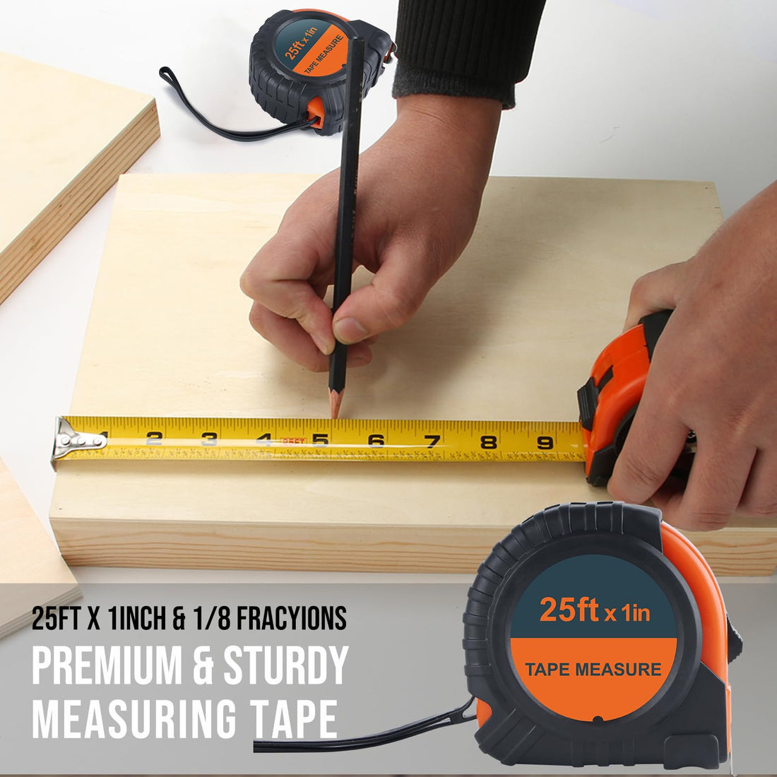 LICHAMP Tape Measure 25 ft, 1 Pack Easy Read Measuring Tape Retractable with Fractions 1/8, Measurement Tape 25-Foot by 1-Inch