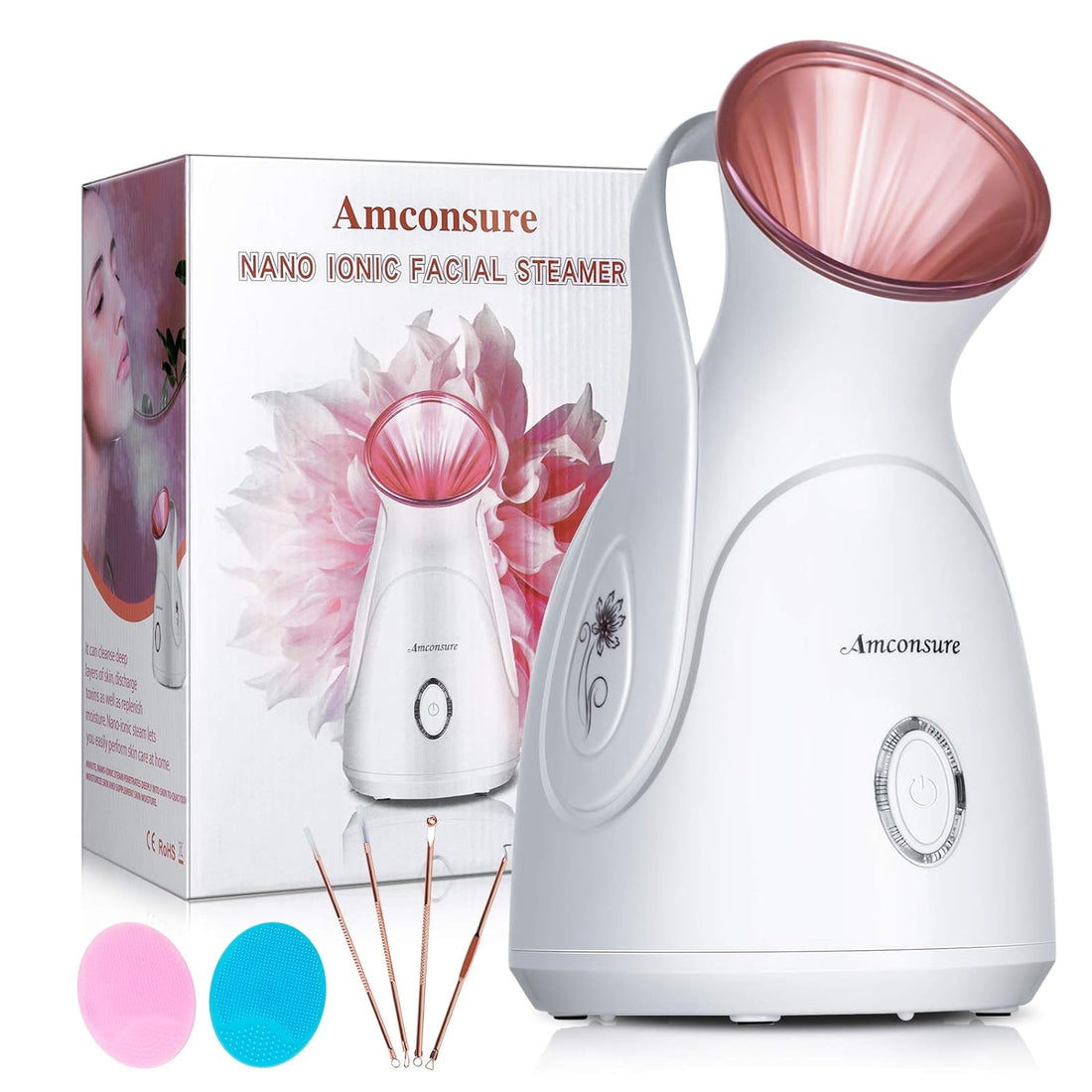 Amconsure Facial Steamer,Nano Ionic Face Steamer For Home Facial,100Ml Warm Mist Humidifier For Women Moisturizing Face Spa Steamer,Unclogs Pores-Bonus Stainless Steel Skin Kit And 2 Face Scrubbers