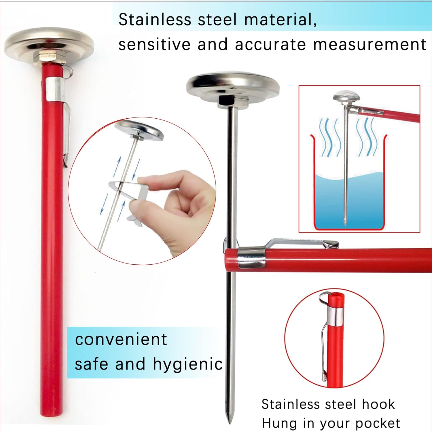 Kitchen Food-Cooking Meat Coffee Thermometer – Set of 3 Pocket Espresso Thermometer for Milk Foam Frothing Chocolate Water Grill, Turkey, BBQ Temperature Stainless Steel 1" Dial 5" Long Stem