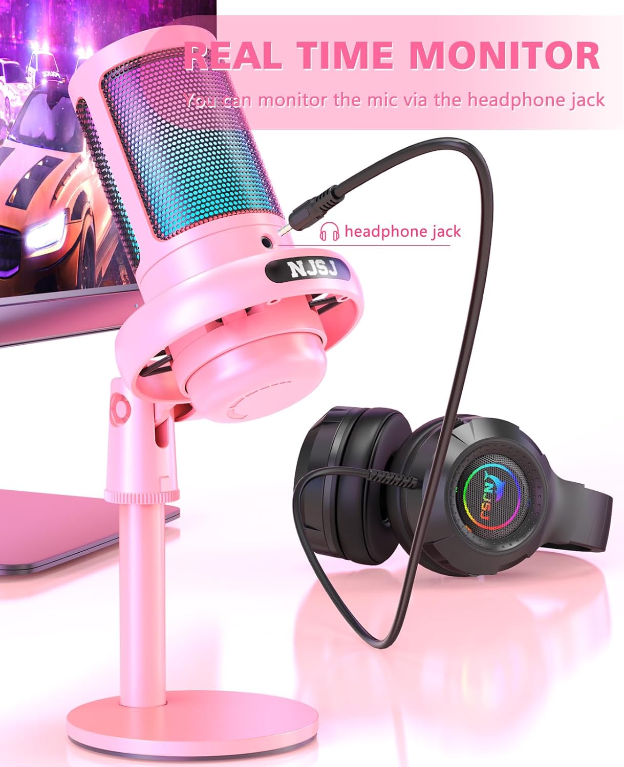 NJSJ USB Microphone for PC, Gaming Mic for PS4/ PS5/ Mac/Phone,Condenser Microphone with Touch Mute, RGB Lighting,Gain knob & Monitoring Jack for Streaming,Podcasting (with Desktop Stand, Pink)