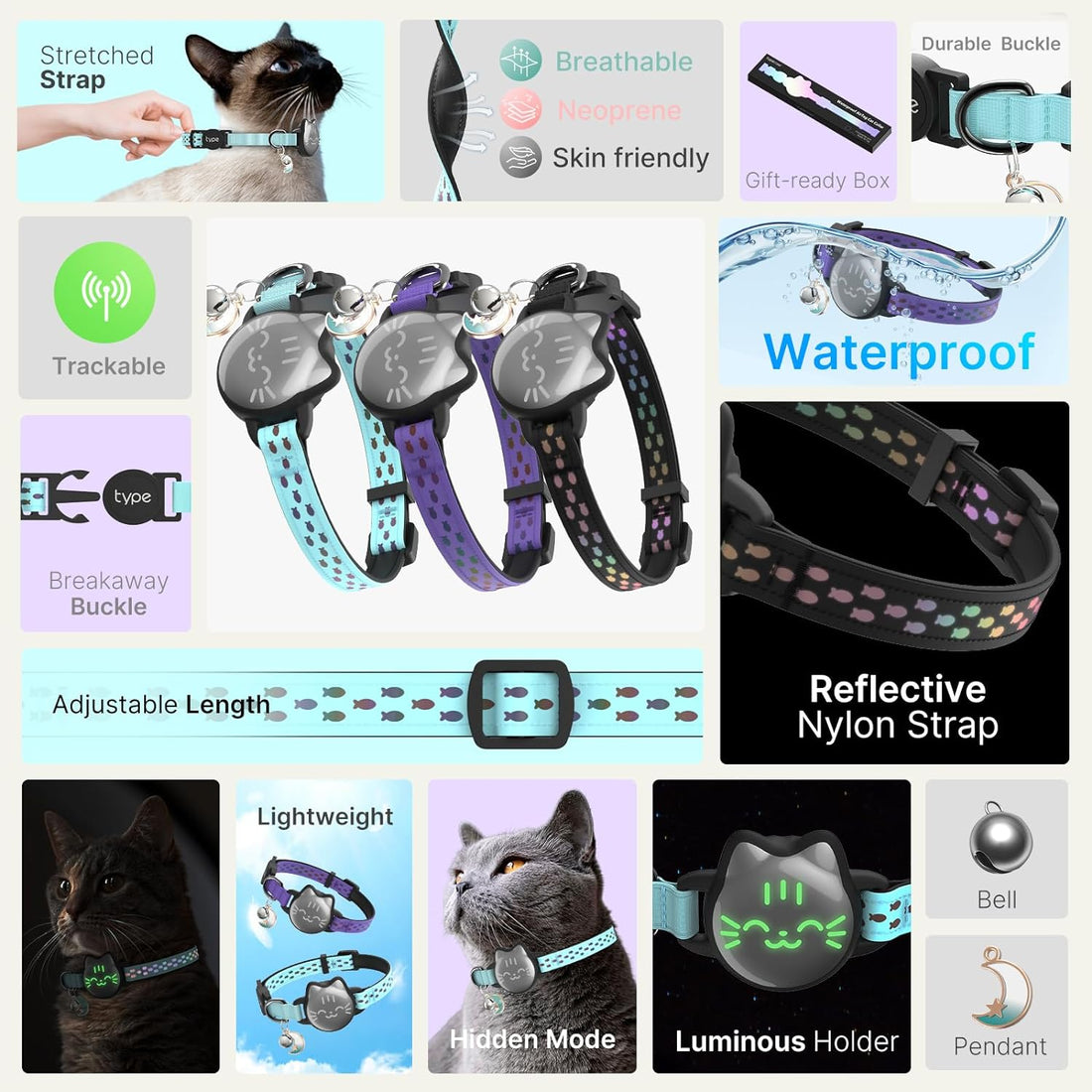 Waterproof Airtag Cat Collar, Breakaway Cat Airtag Collar with Luminous & Reflective Fish Pattern, Lightweight Kitten Collar for Apple Air tag, Hidden GPS Tracker for Cats, Kittens, Puppies (7-9")