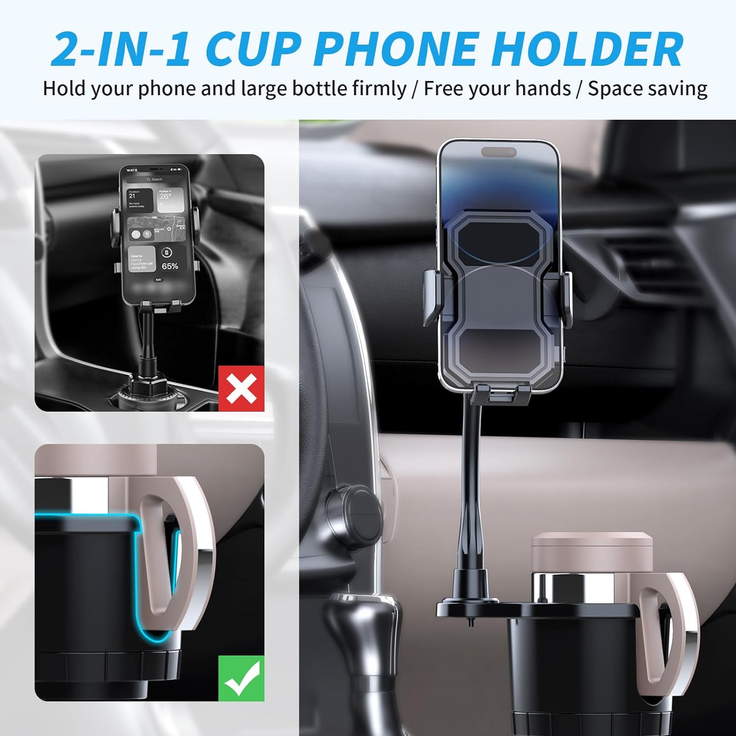Car Phone Holder Mount Cellphone Holder Car Cup Holder Expander with Phone Mount, 2 in 1 Automotive Cell Phone Drink Holder Adapter with Adjustable Base Long Gooseneck 360° Rotation
