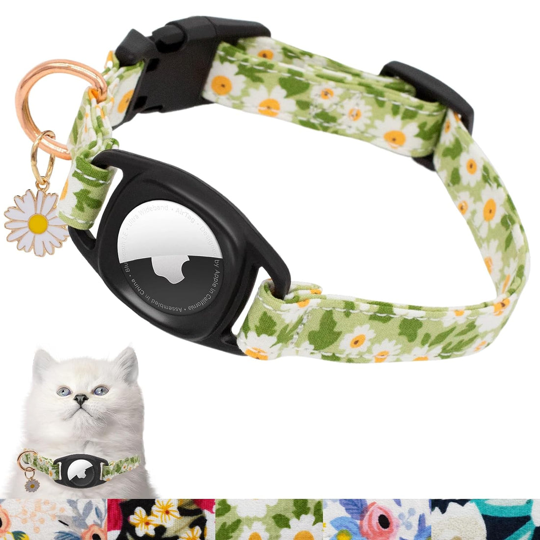 Airtag Cat Collar, HSIGIO GPS Cat Collar Breakaway with Apple Air Tag Holder & Flower Charm, Floral Cat Tracker Collar in 0.6 Inches Width for Girl Boy Cats, Kittens and Puppies (XS, Green Daisy)