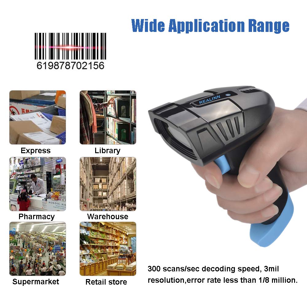 REALINN Barcode Scanner Wireless 1D Laser Handheld 2.4GHz Rechargeable Cordless Bar Code Reader with USB Cradle Long Distance Scanning for Supermarket, Warehouse, Inventory POS
