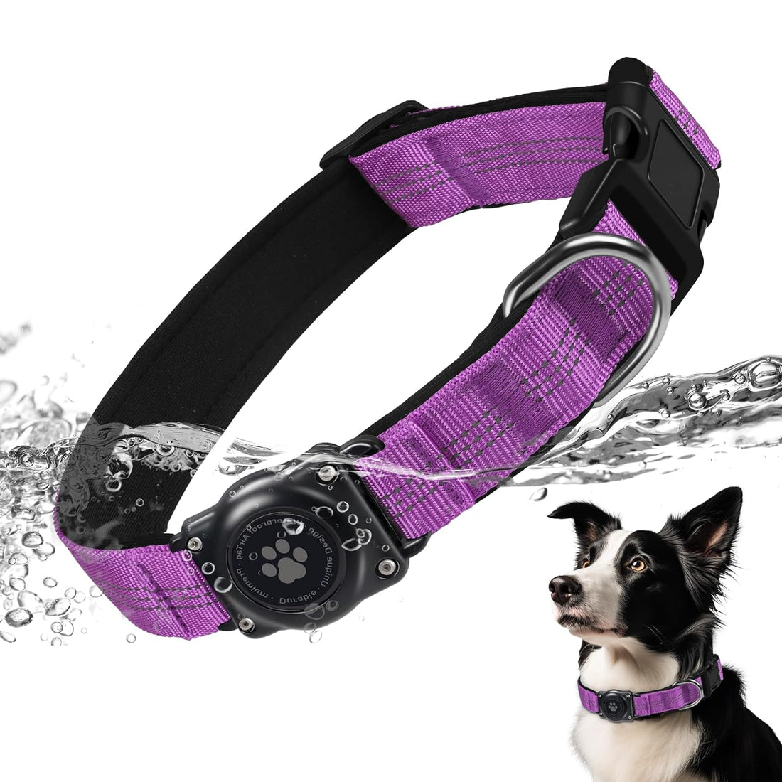 AirTag Dog Collar, IP68 Waterproof Air Tag Dog Collar Holder, Reflective, Ultra-Durable, Comfortable Padded, Heavy Duty Dog Collars for Small Medium Large Dogs (L (14.8"-20.3"), Purple)